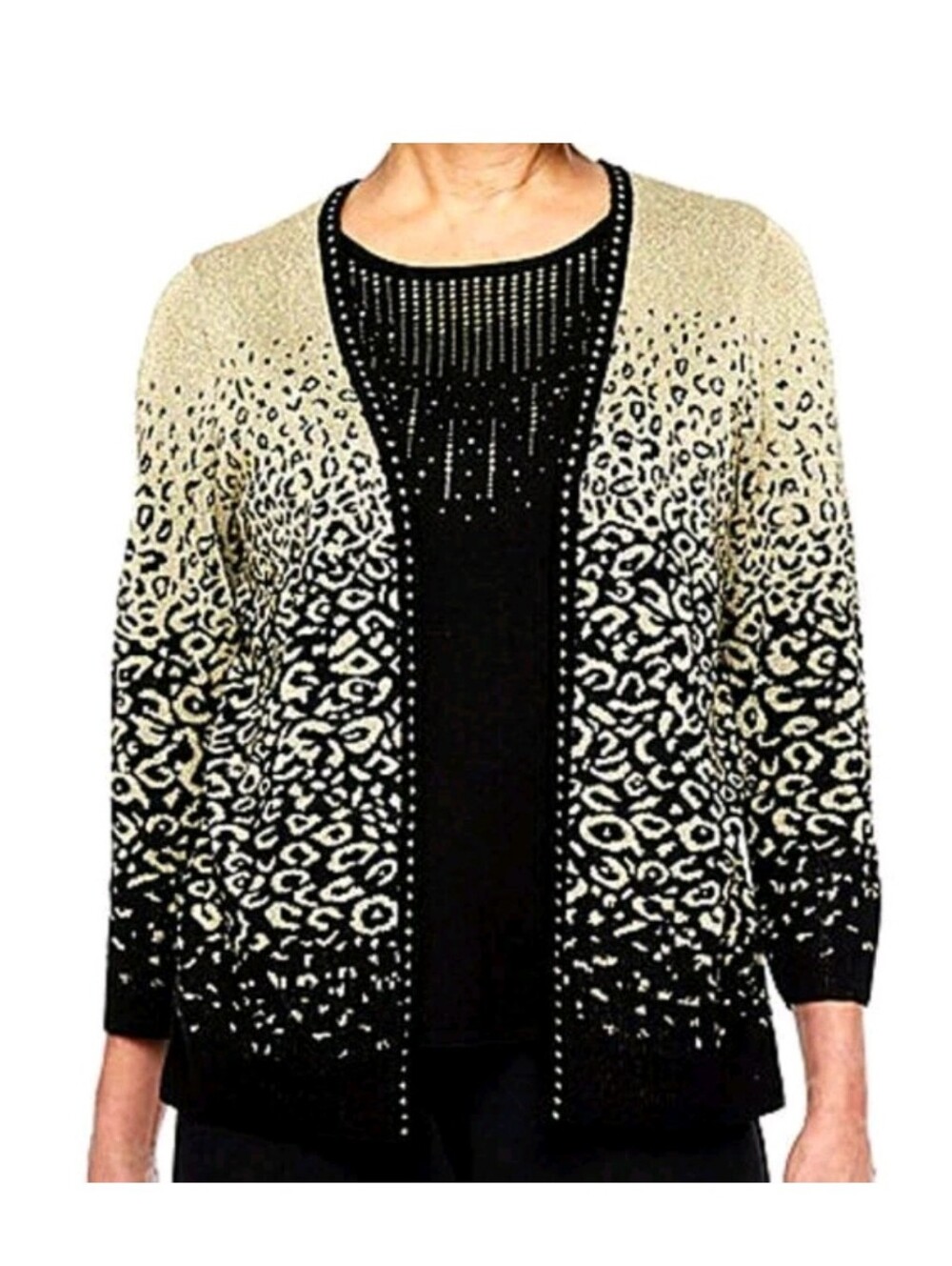Alfred Dunner NWT Classics Gold on Black Faux Cardigan Knit Sweater Top sz MED